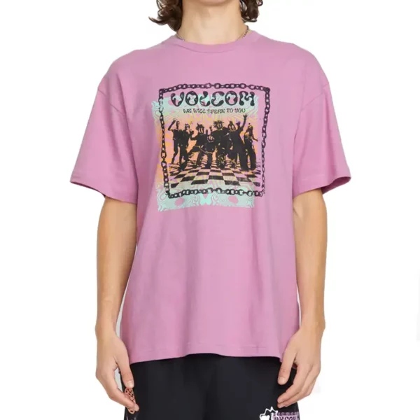 Volcom x Filip Rygalski lila póló egyedi grafikával és laza szabással