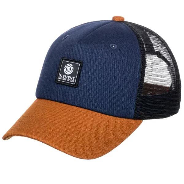 Element Icon Mesh trucker sapka hajlított simlivel, vastag vászon pamut anyagból, nagy Element logóval és állítható csatos kialakítással.kék, narancssárga színben.