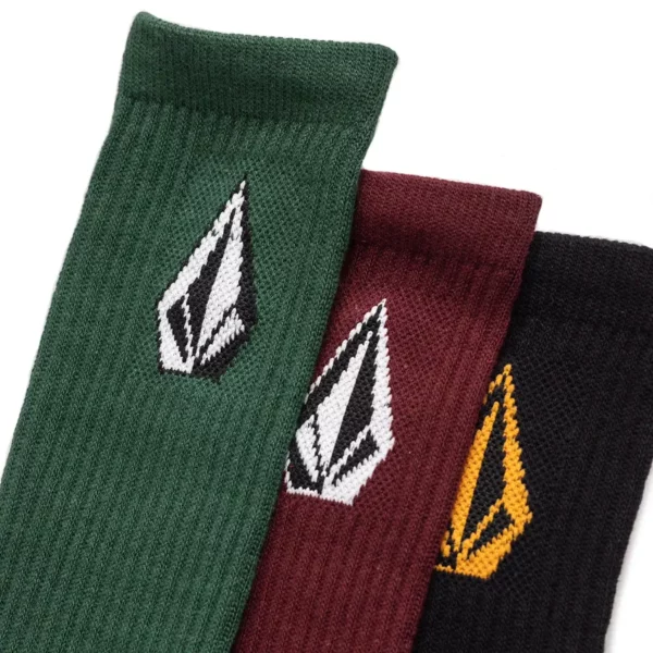 Volcom Full Stone zokni Mix, 3 pár különböző színű zokni erősített szárral és talprésszel. Fekete, zöld, bordó színekben.