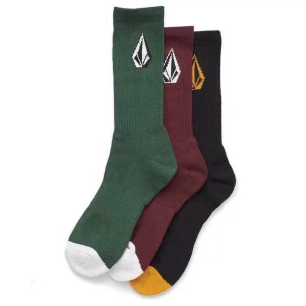 Volcom Full Stone zokni Mix, 3 pár különböző színű zokni erősített szárral és talprésszel. Fekete, zöld, bordó színekben.
