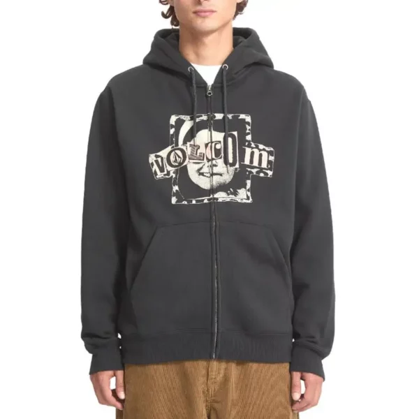 Volcom Single Stone Zip Fleece kapucnis pulóver – koptatott fekete, cipzáras, extra szitanyomott logóval és kenguruzsebbel.