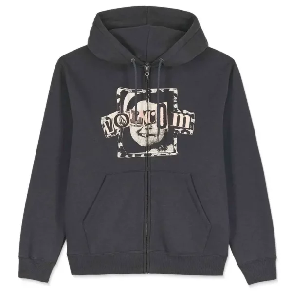 Volcom Single Stone Zip Fleece kapucnis pulóver – koptatott fekete, cipzáras, extra szitanyomott logóval és kenguruzsebbel.