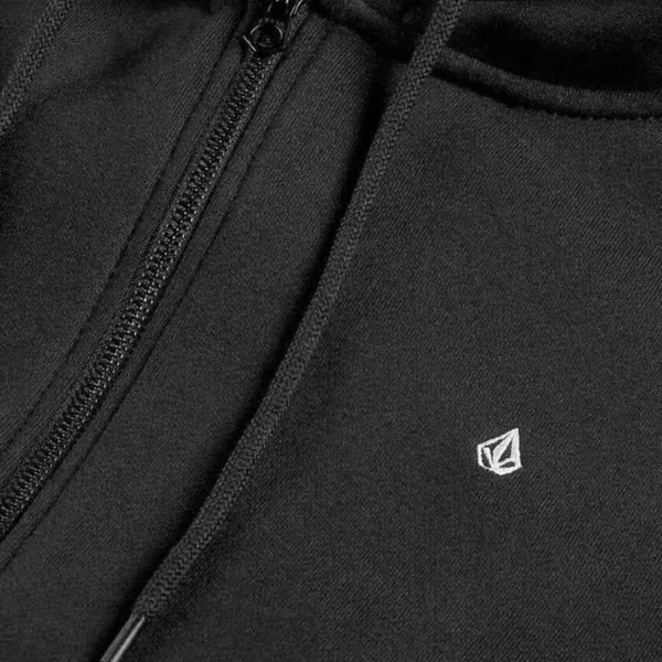 Volcom Single Stone Zip Fleece kapucnis pulóver – fekete, cipzáras, hímzett logóval és kenguruzsebbel.