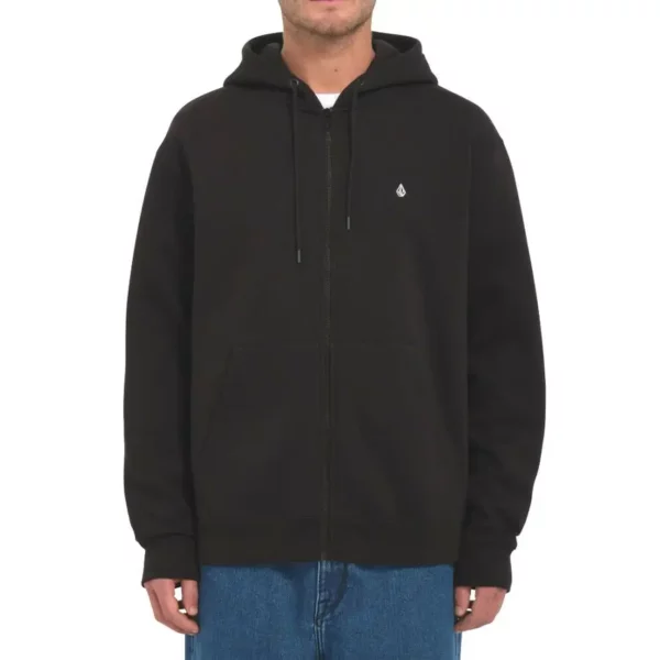 Volcom Single Stone Zip Fleece kapucnis pulóver – fekete, cipzáras, hímzett logóval és kenguruzsebbel.