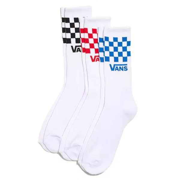 Vans Classic Check Crew zokni 3 pár fehér zokni piros, kék és fekete kockás mintával.