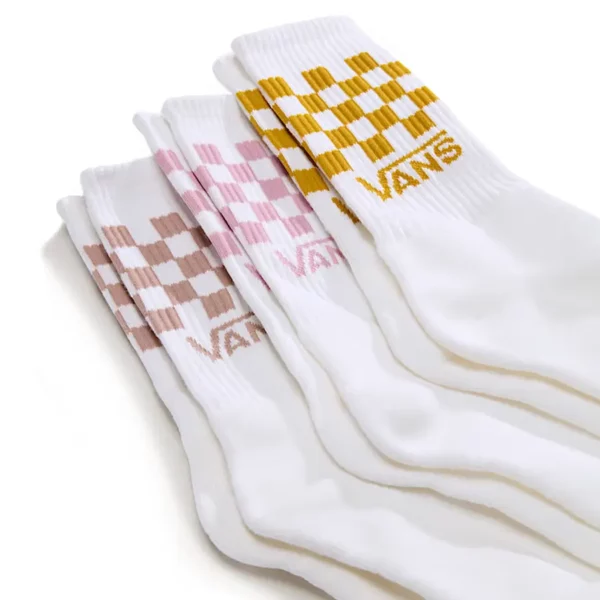 Vans Classic Check Crew zokni 3 pár fehér zokni rózsaszín, mályva és sárga kockás mintával.