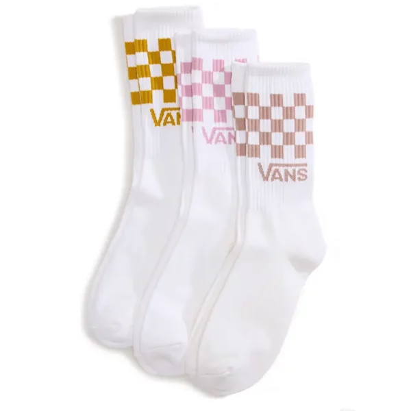 Vans Classic Check Crew zokni 3 pár fehér zokni rózsaszín, mályva és sárga kockás mintával.