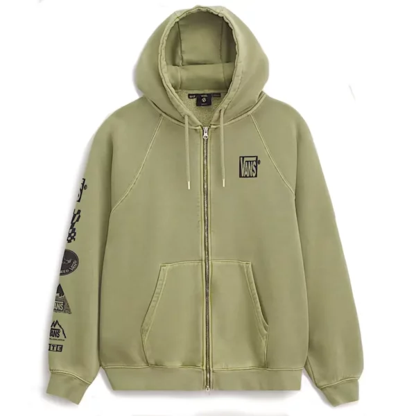 Vans Mte Teamteam full cipzáras kapucnis pulóver loden green zöld színben, logóval és ujjon futó grafikával